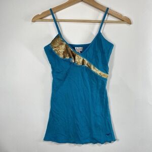 Hollister Womens Vintage Y2K Gold Sequin Camisole Top Size M Teal Blue Shelf Bra